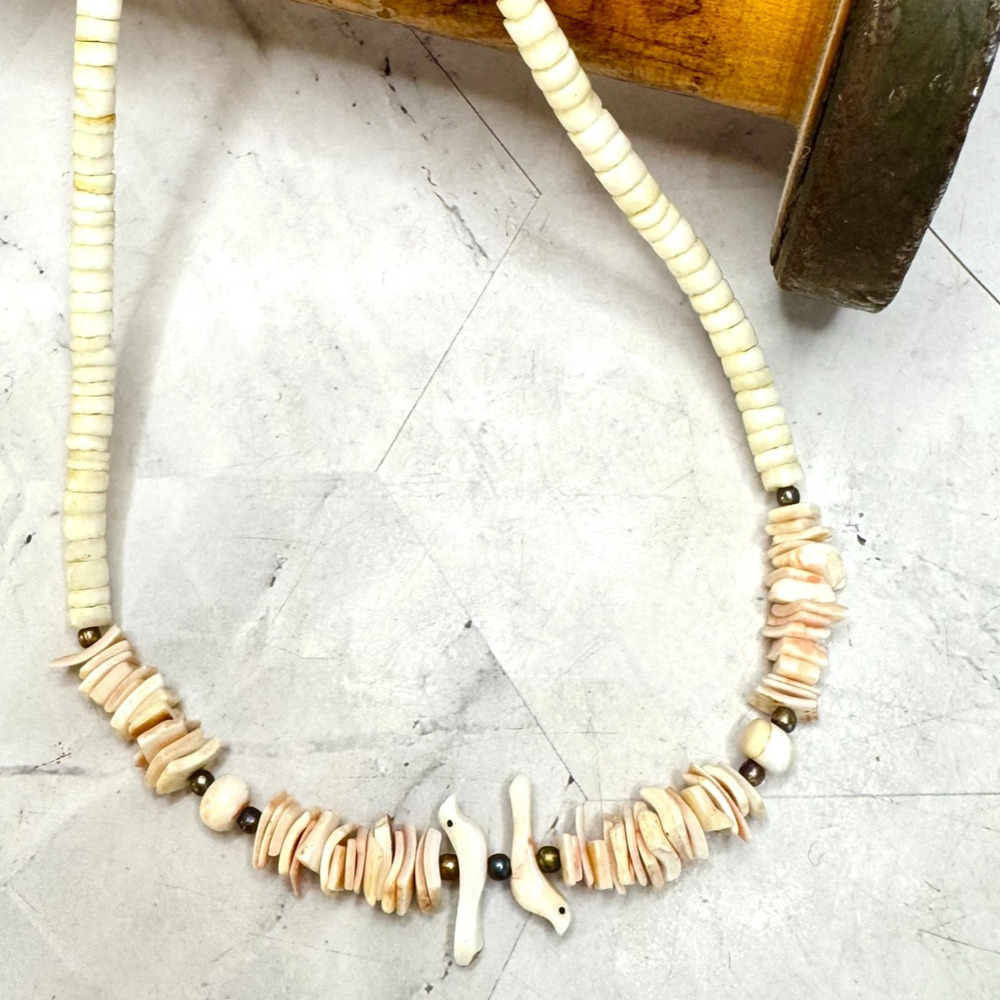 Vintage Fetish Heishi Necklace 16" Coral Chips 2 Birds Shell Southwestern Beach